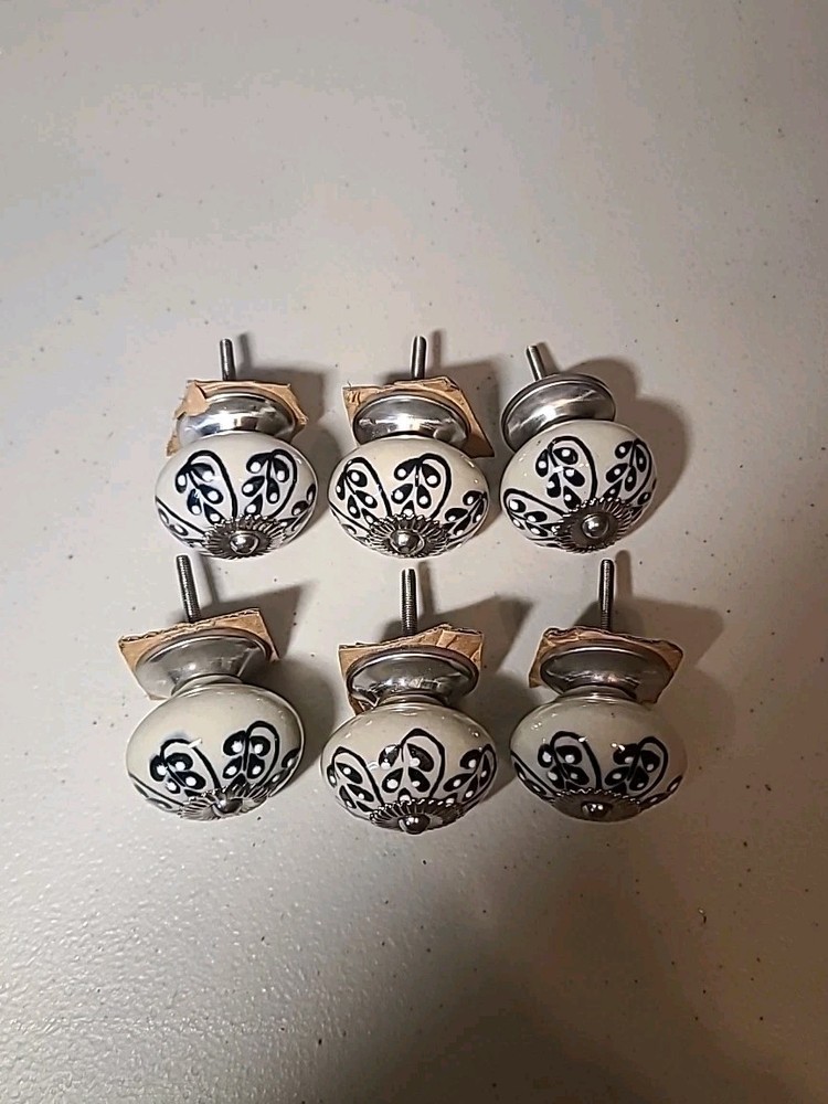 6 Antique Style Ceramic Hand Decorated Silver Tone Drawer Pulls Knobs Flowers
