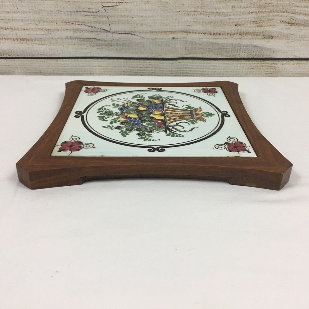 VTG Fruit Basket Tile Wood Trivet Decor