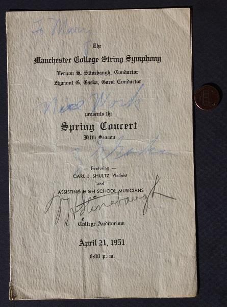 1951 Indiana Manchester College String Symphony program signed by 2 conductors--