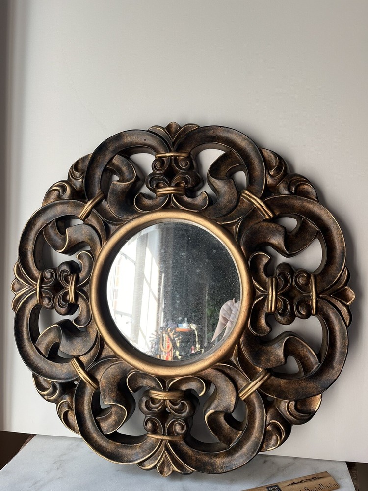 Vintage Ornate Gilded  Bronze Frame Round Mirror 24”