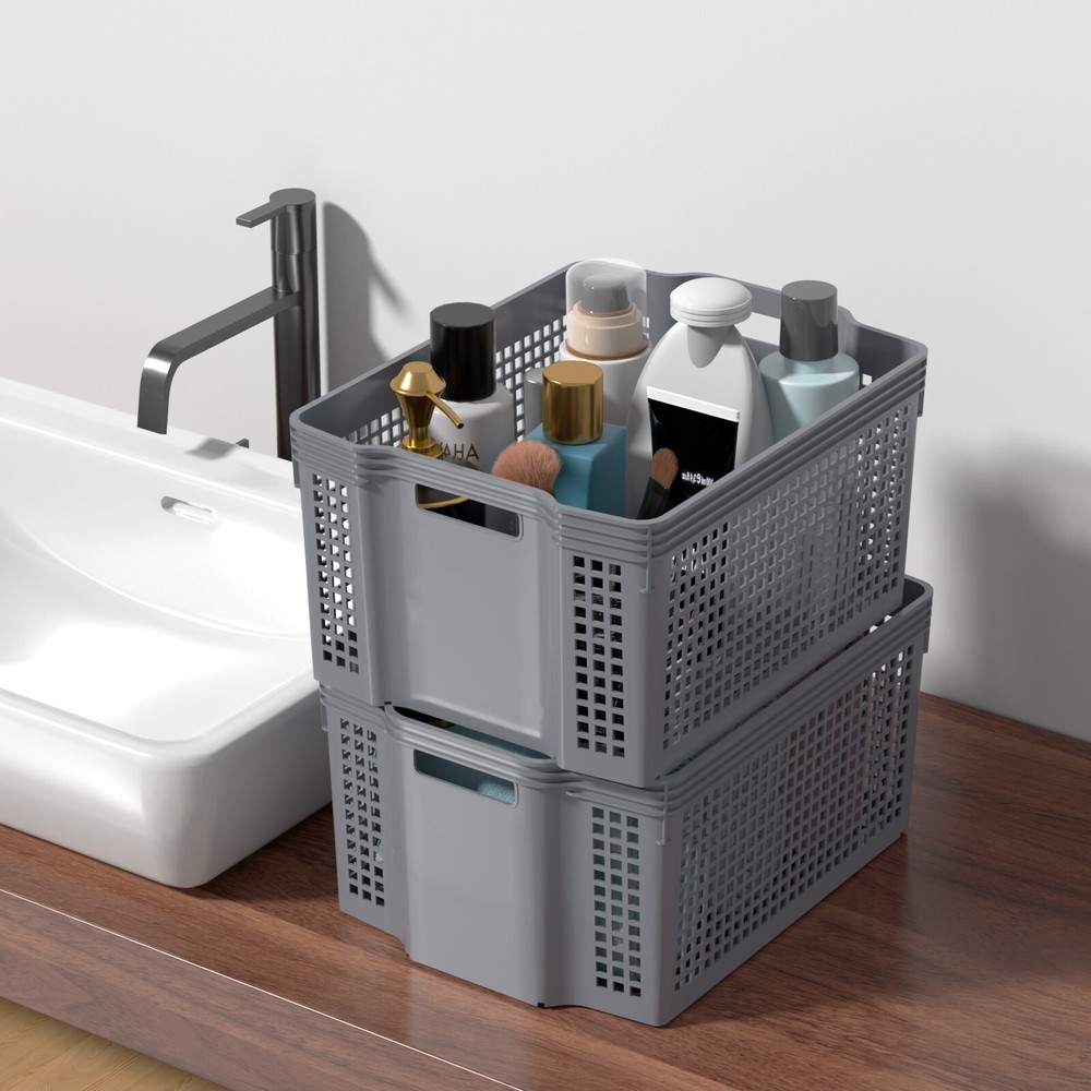 6-Pack Stackable Plastic Woven Basket Organizer, Stacking Storage Basket, Grey