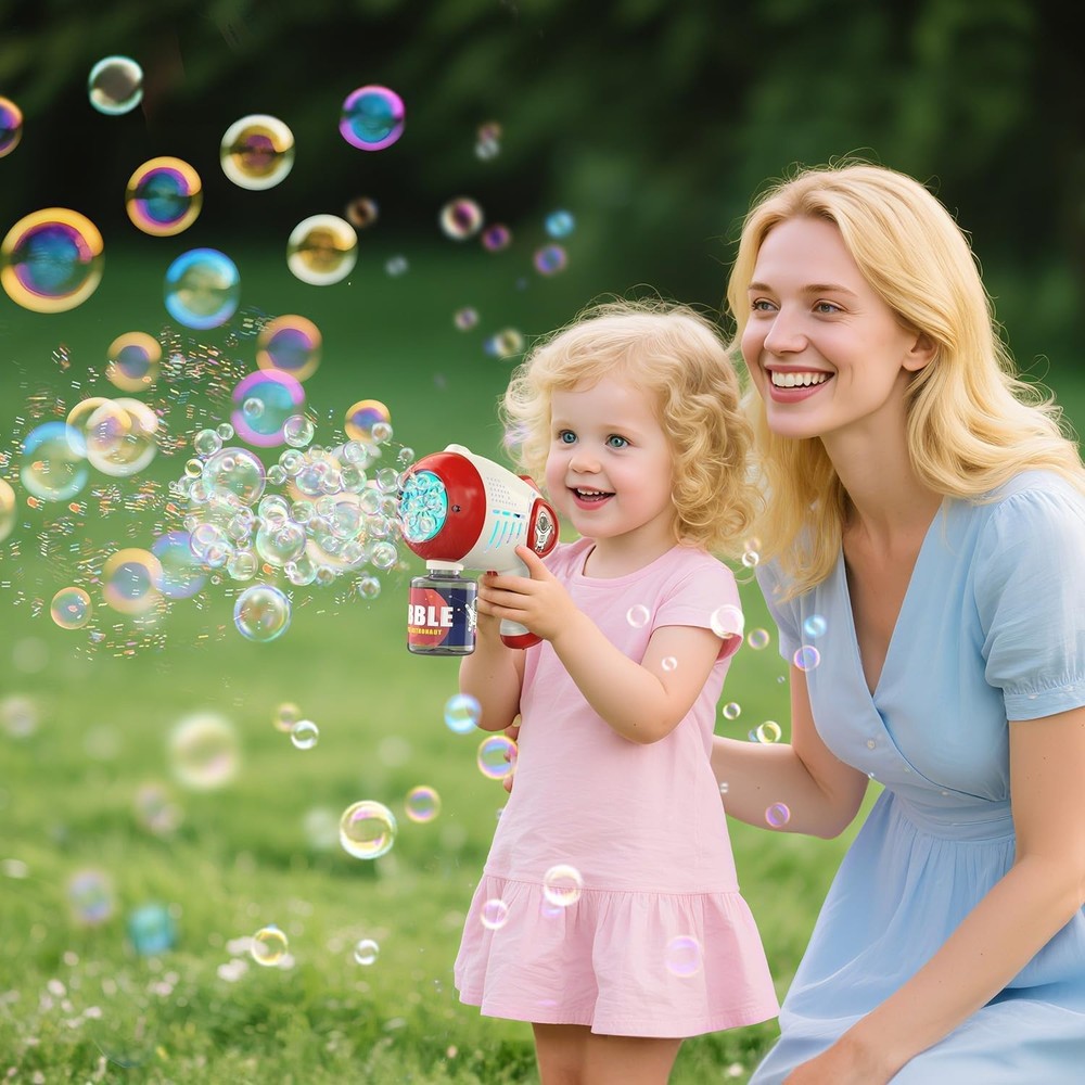 Bubble Machine Blasters for Kids - 2 Pack with LED Lights & 4 Bubble Bottles