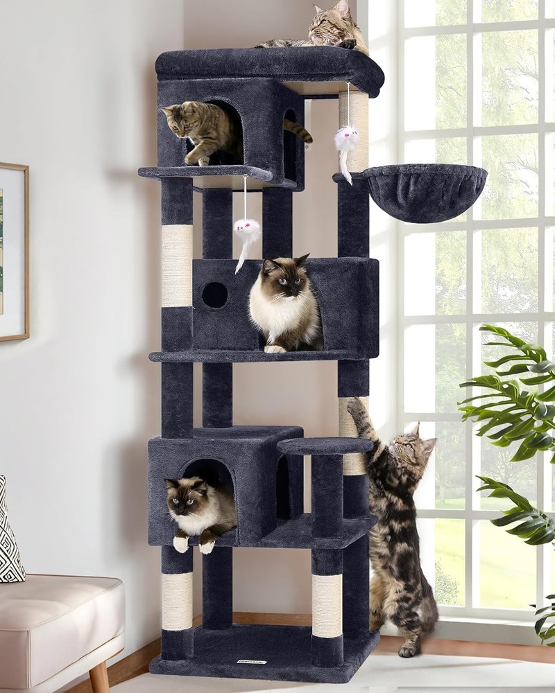 Corner Cat Tree 66 inch Multi-Level Climbing Tower, Dark Grey