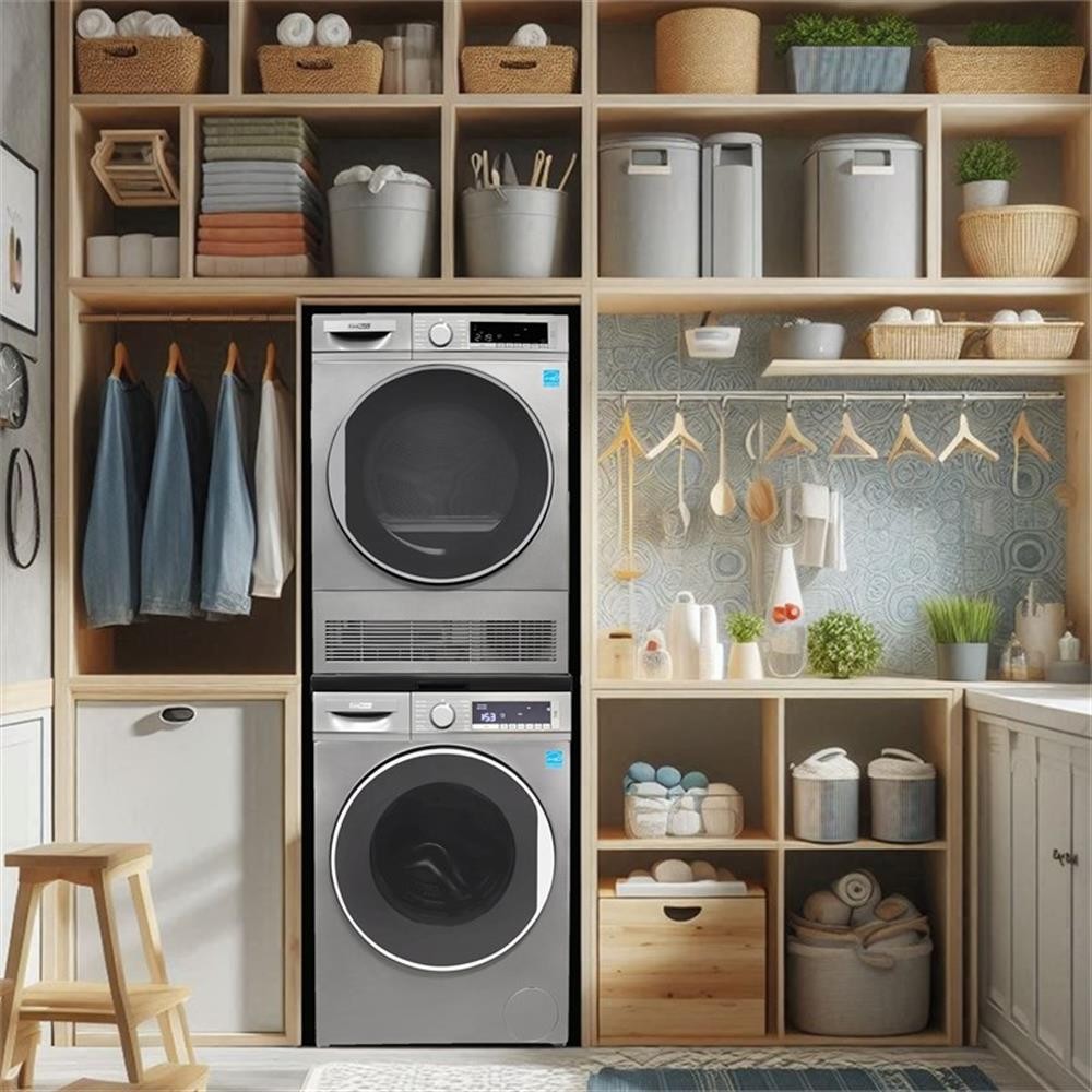 Pemberly Row Stackable Washer 2.2 cf 110 V Dryer 4 Cf 220V with Stacking Shelf