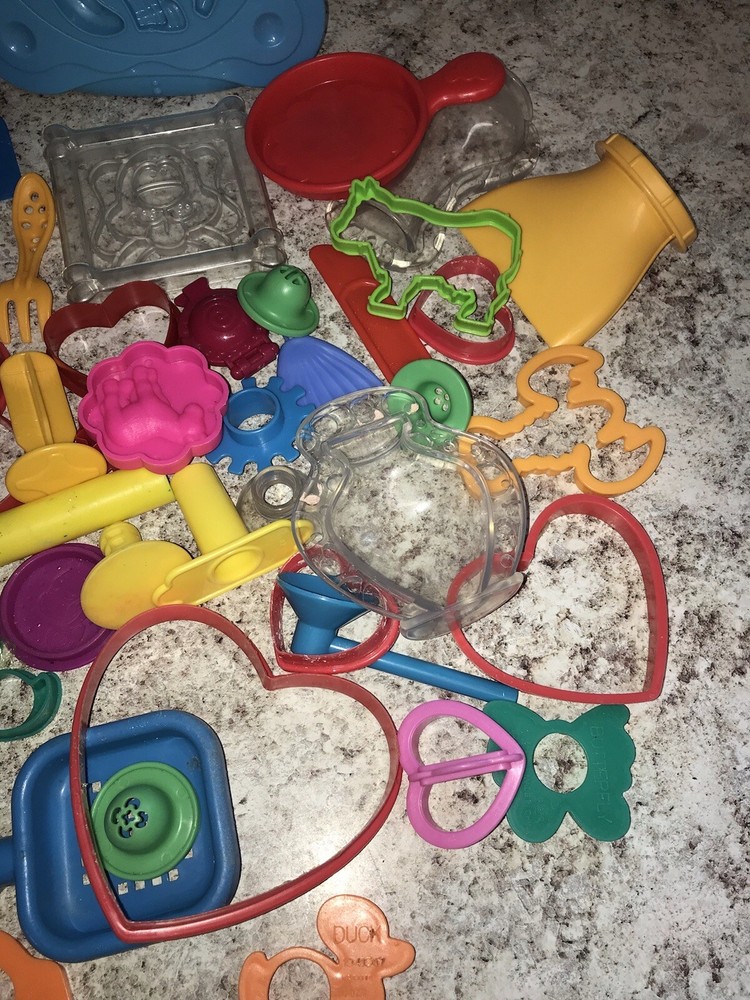Play Doh 30+ Assorted Accessories Extruder Molds Tools Cutters Rollers Storage
