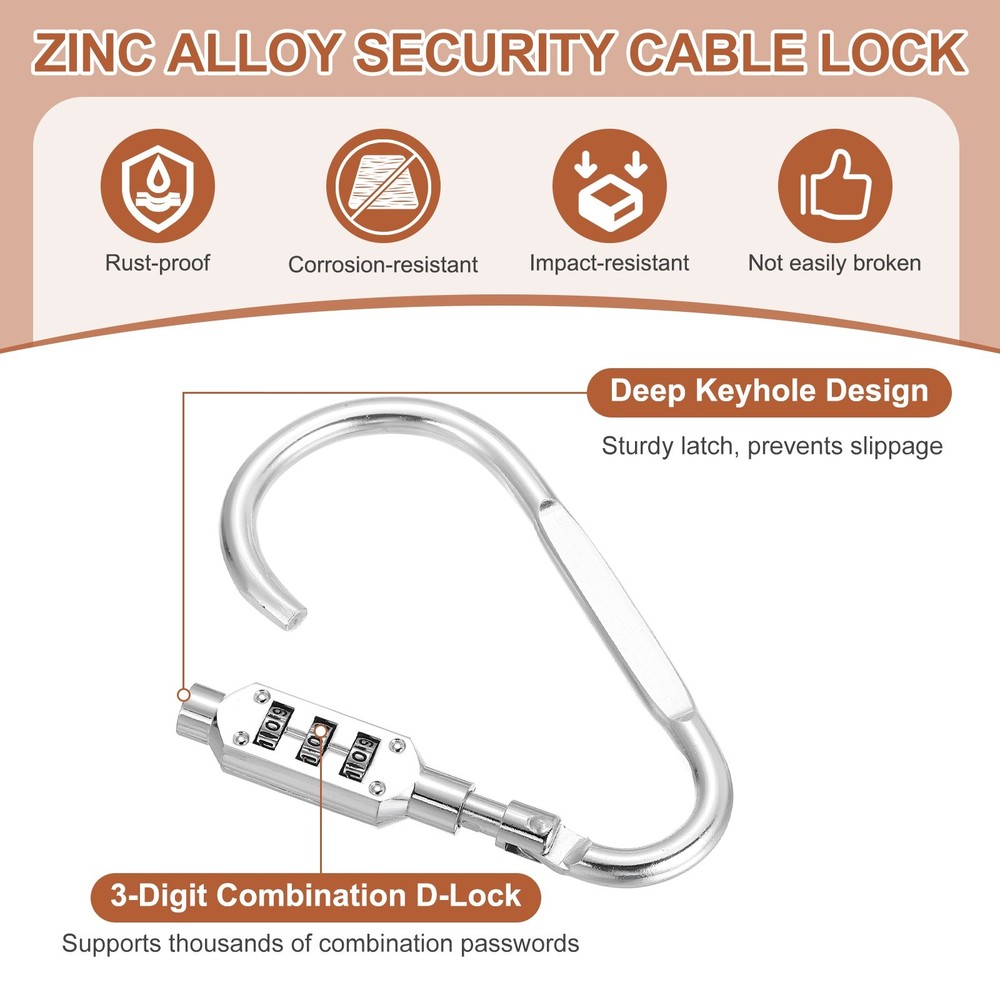 2 Pcs 4.8" x 2.4" D-Shaped 3-Digit Code Combination Lock D-Ring Clip, Silver