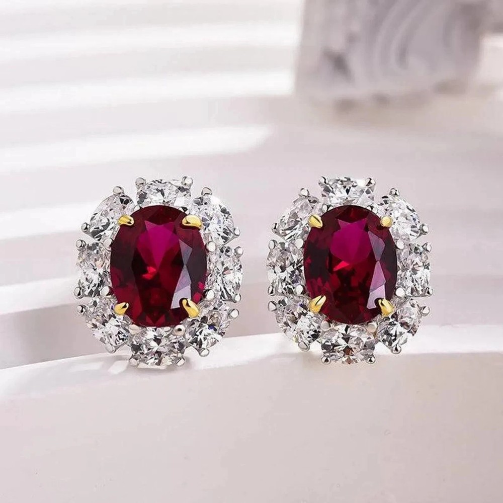 5.00 Ct Oval Cut Natural Ruby Diamond Earring 14K Solid White Gold stud