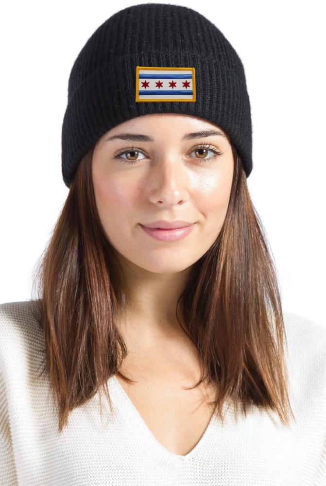 Chicago Flag Patch Cuffed Ribbed Beanie Hat Gold Border Black