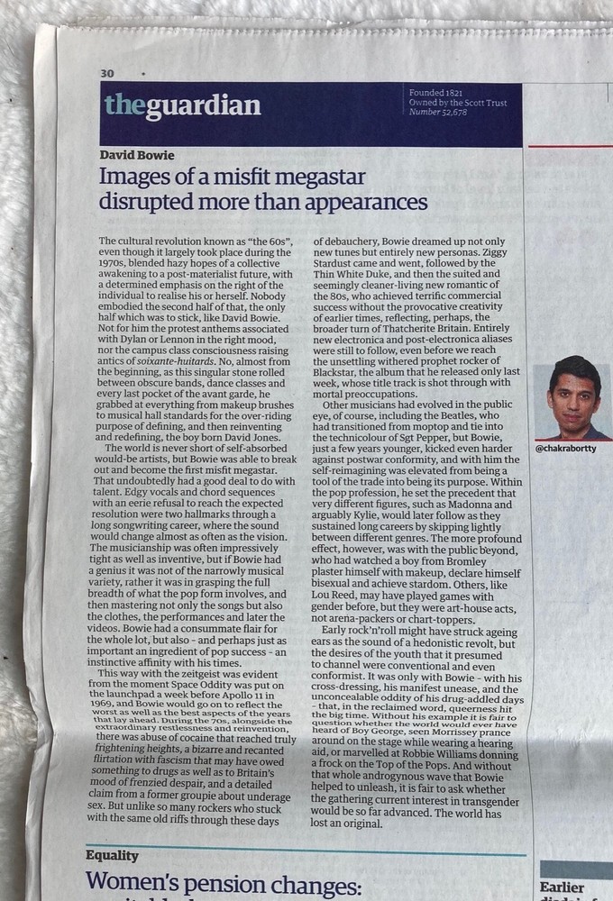 DAVID BOWIE, GUARDIAN 12 January 2016, tributes full issue, both sections