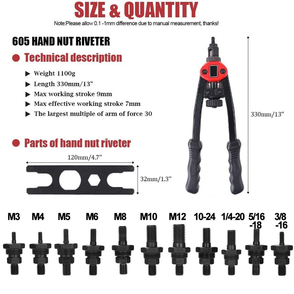 Rivet Gun Kit Rivnut Thread Setting Tool Nut Setter NutSert Metric SAE Riveting