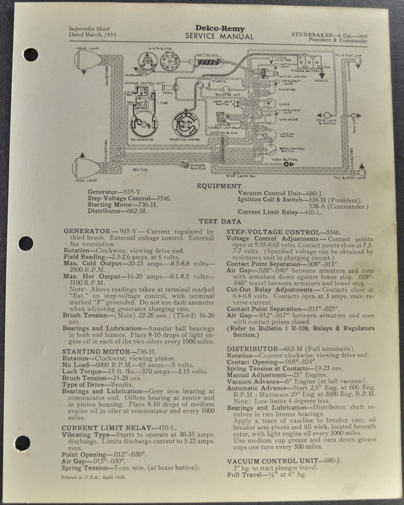 1935 Studebaker Wiring Diagram 8-Cylinder Commander President Nice Original 35
