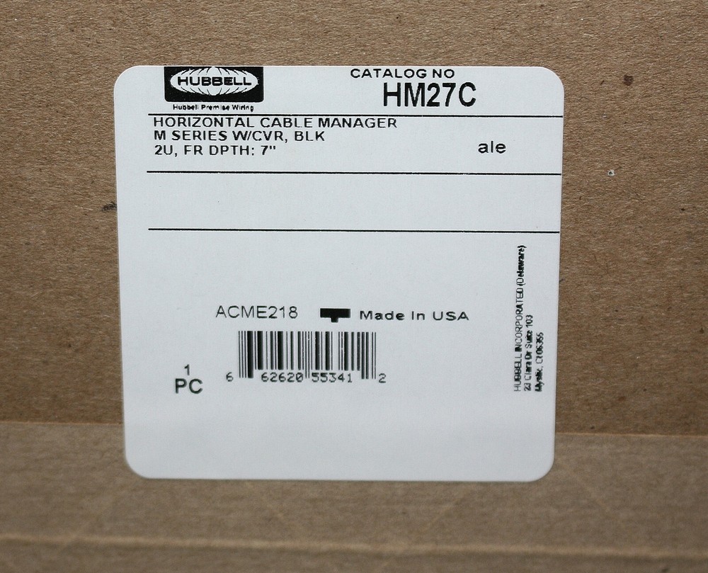 Hubbell Horizontal Ring Manager HM27C, 2U Rack Mount Cable Manager, 3-1/2" x 19"
