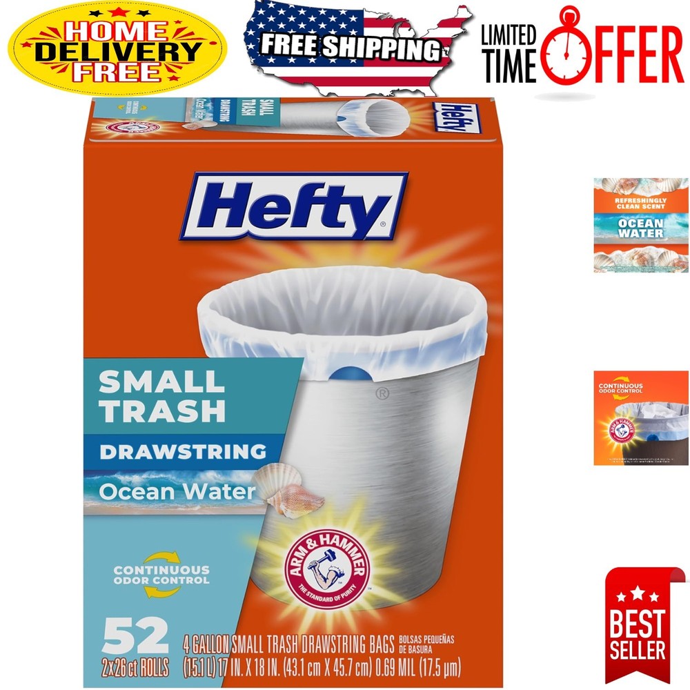 Dependable 4 Gallon Small Trash Bags with Ocean Water Scent – 52 Count Pack