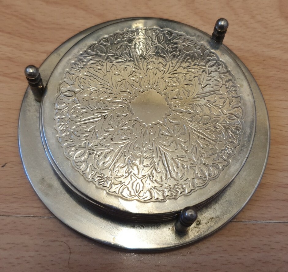Antique Style Silver Plated 4 Engraved Round Coasters with Storage Caddy