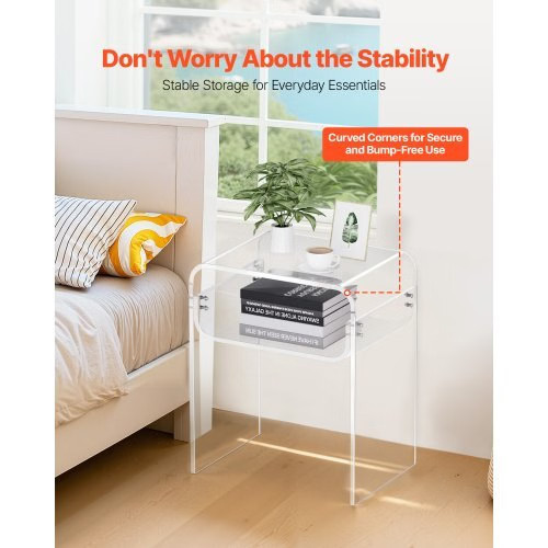 Acrylic Side Table, 2 Tiers Clear Bedside Table with Storage Shelf, Modern Recta