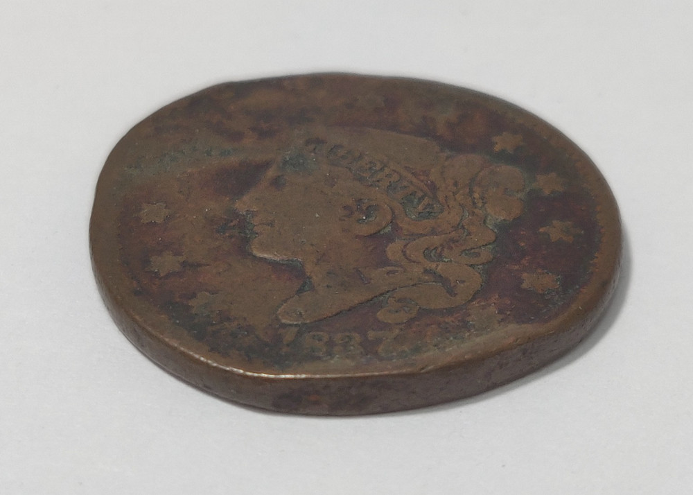 1837 LARGE CENT CORONET HEAD DAMAGED + BENT + SMASHED