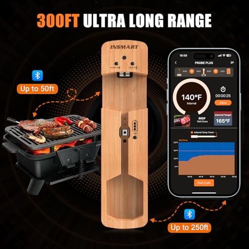 Wireless Smart Meat Thermometer,330FT Bluetooth Range,100% Wood