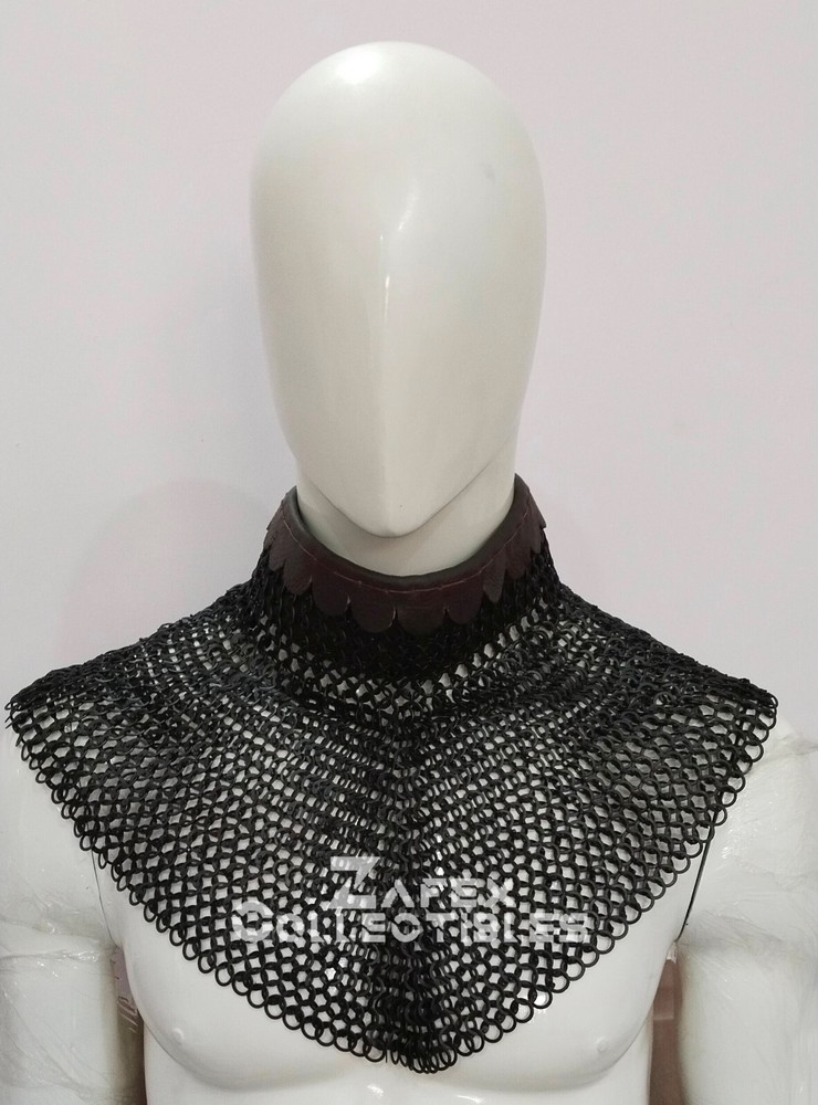 Medieval Mild Steel Chainmail Leather Bishop Collar Flat Riveted Ring Larp