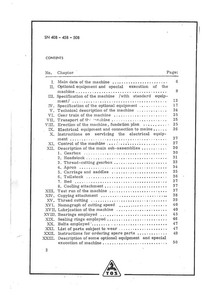 Operator & Instruction Manual TOS SN 40B-45B-50B