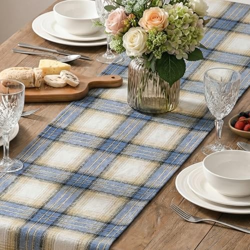 Blue Light Coffe Farmhouse Plaid 13" x 60", Table Runner Blue/Light Coffe