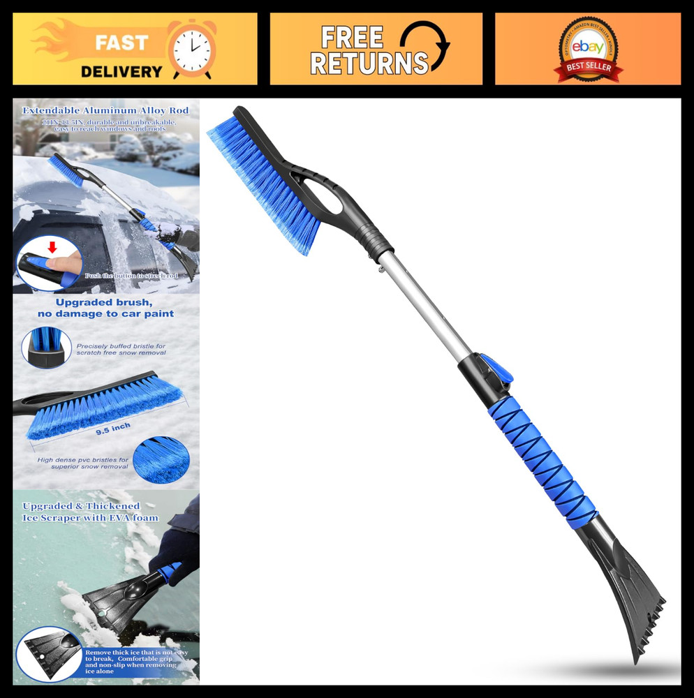 33" Extendable Snow Brush & Ice Scraper for Car Windshield - Foam Grip, Soft Bro