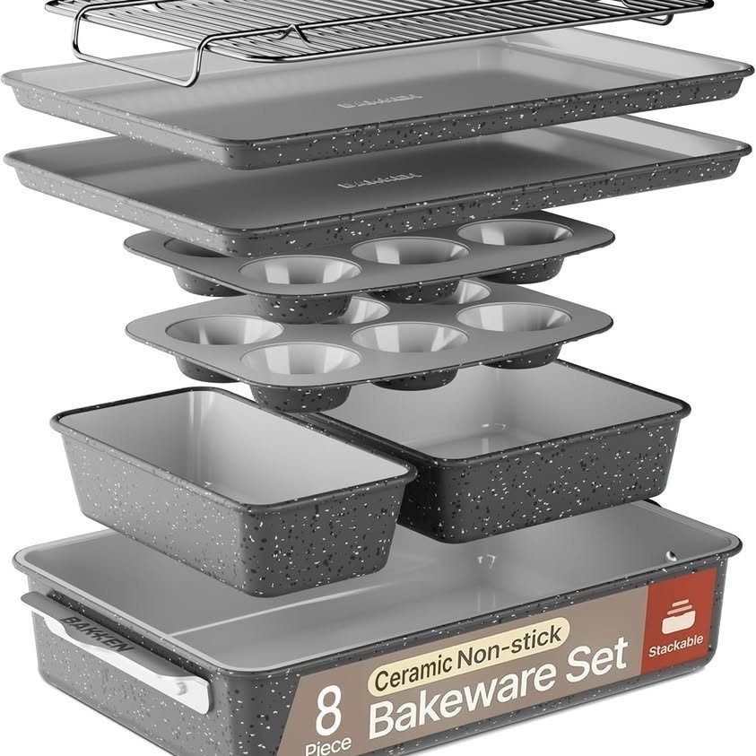 Bakken 8-Piece Stackable Bakeware Set - Ceramic Non-Stick Coating, Marble Color