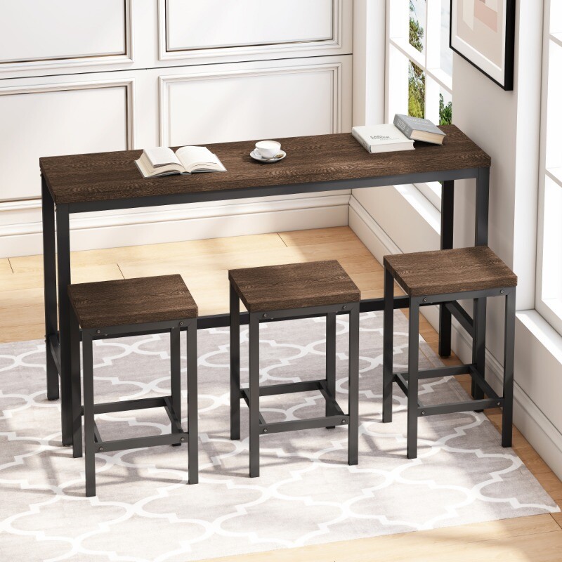 Brown Modern Kitchen Dining Table Pub Table Long Dining Table Set with 3 Stools