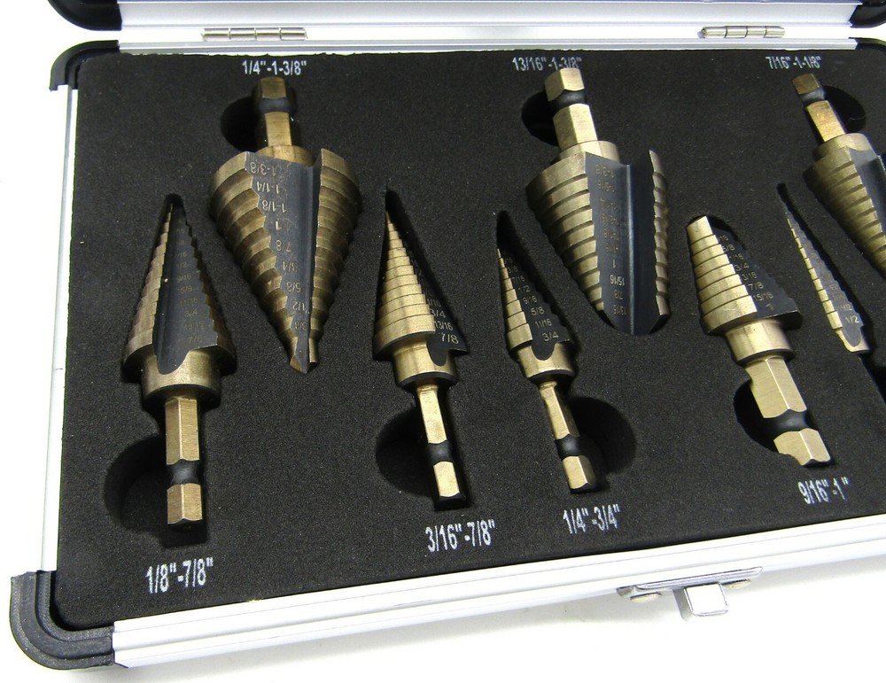 9PC STEP DRILL BIT SET QUICK RELEASE MULTIPLE HOLE W/ Aluminum Case