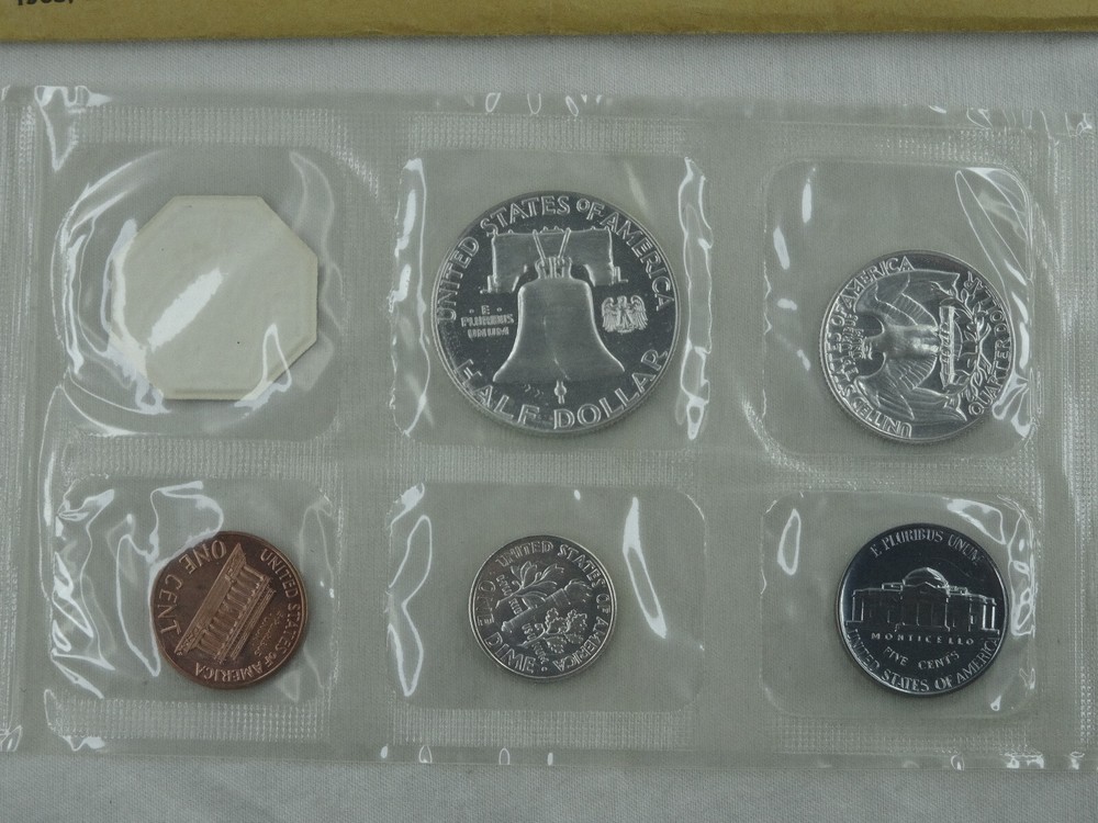 1963 US Mint Proof Set 5 Coins 90% Silver Original Envelope & Cello Flat Pack