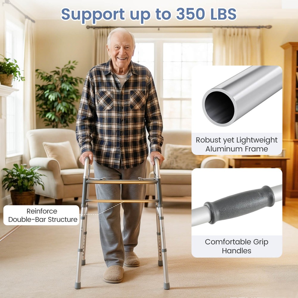 7-Level Adjustable Height, Lightweight Aluminum Mobility Aid, 2-Button Folding