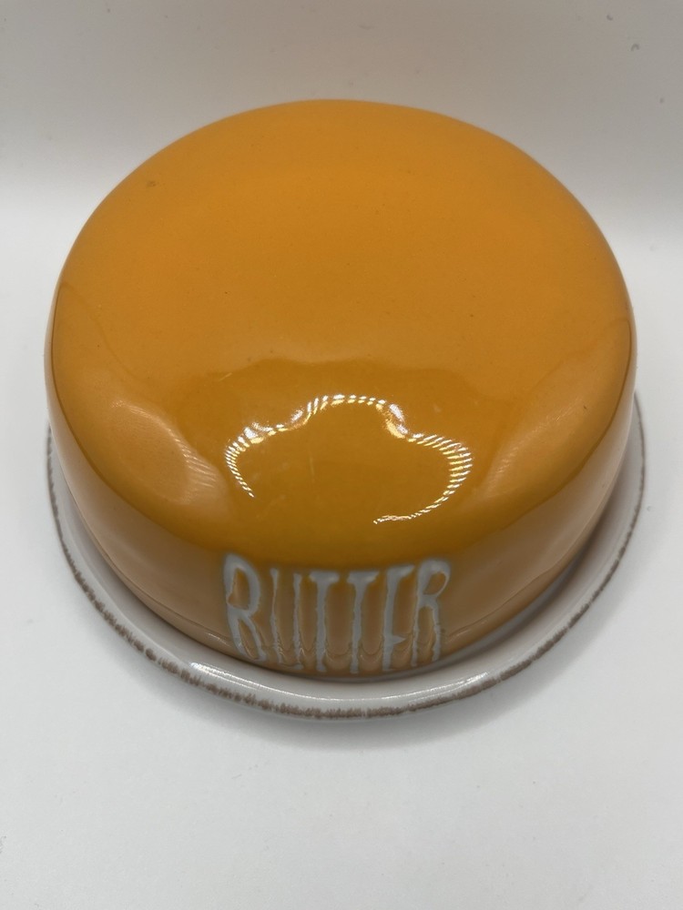 Butter Dish Yellow & White Round Small Covered Threshold Stoneware