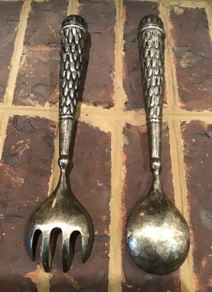 Vintage Salad Serving Set ~ Decorative Scale Fork & Spoon w/ Red Stones