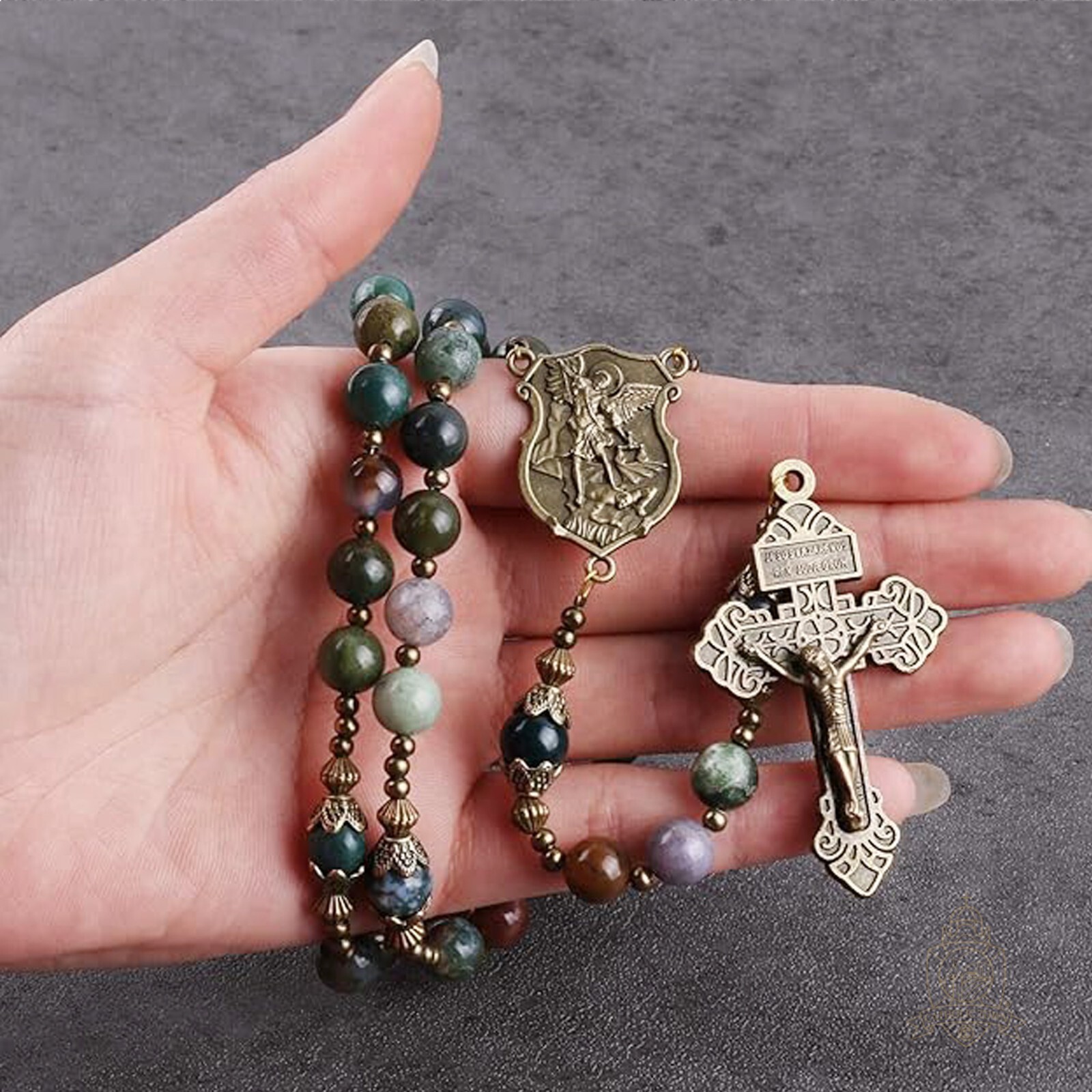 Catholic Town India Agate Natural Stone Beads, Rosary with Caps St Michael medal