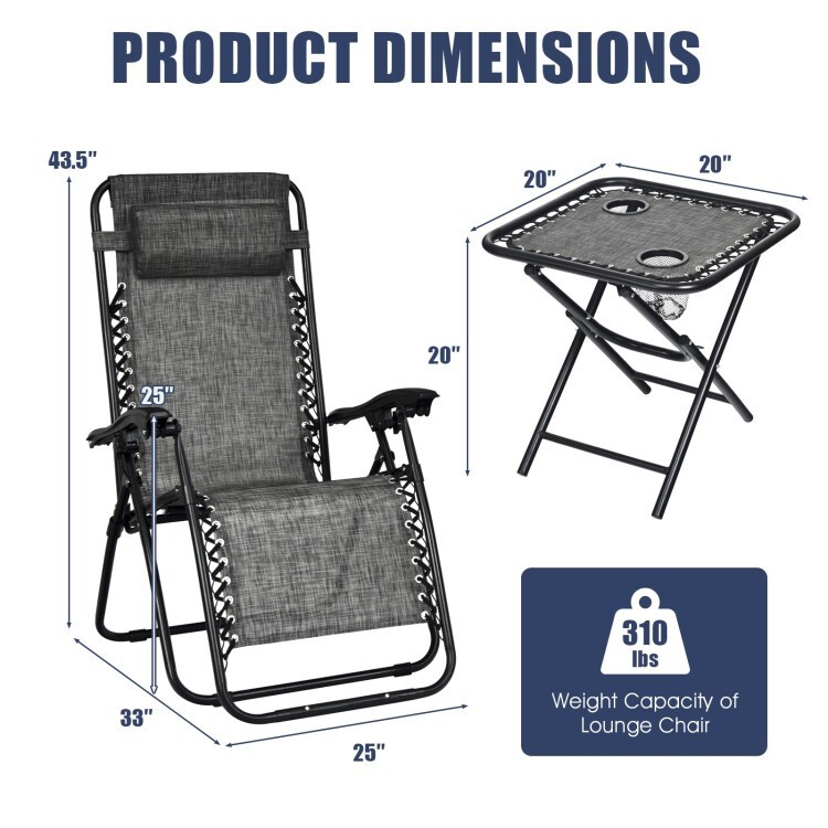 3 Pieces Folding Portable Zero Gravity Reclining Lounge Chairs & Side Table Set