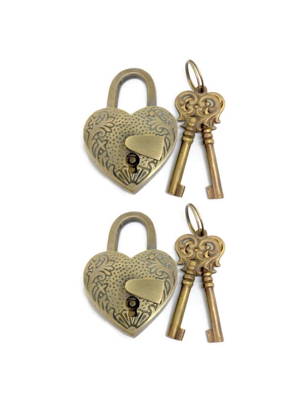 2 Padlock old stye antique look 3.1/2 "solid heavy brass aged 4 keys lock work