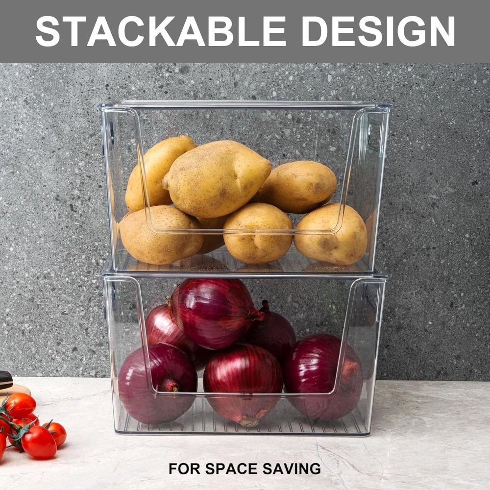 Large Stackable Storage Bins with Lids 2 Pack, Open Front Plastic Container