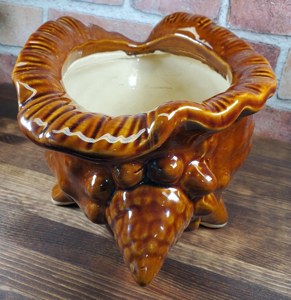 Vintage Brown Glazed Ceramic Conch Shell Planter, Seashell Nautical Decor
