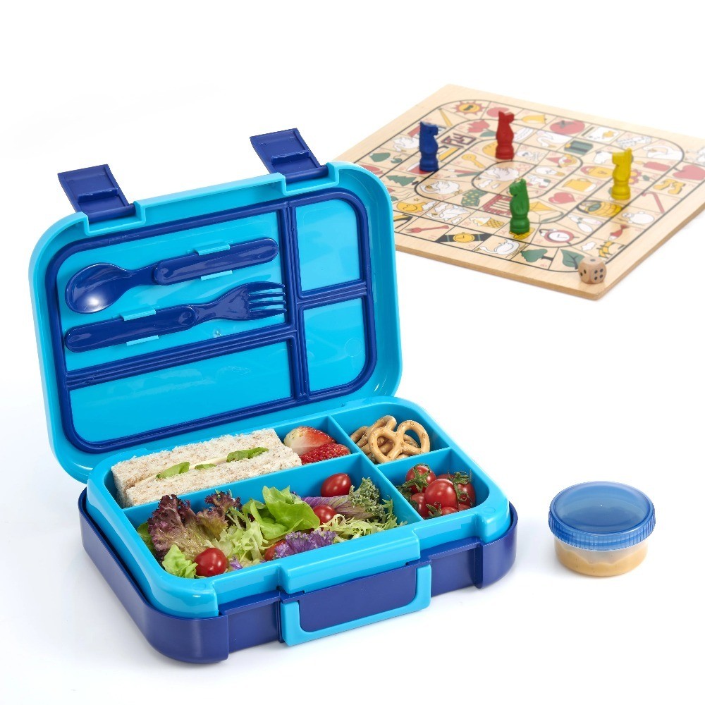 Plastic Bento Box with 4 Compartments, Fork, Spoon, 1 Dressing Container, Blue