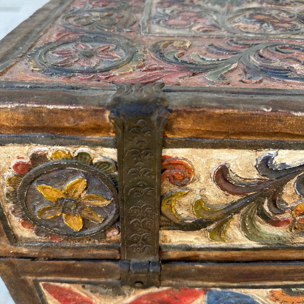 Museum-Quality 18th C.Peruvian Spanish Colonial Polychromed Leather Dowry Trunk