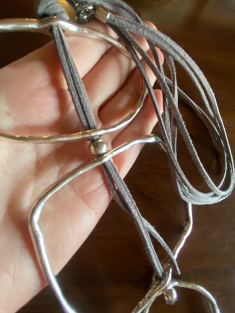 Genuine Leather Grey Statement Silver Tone Circle Round Square Pendant Necklace