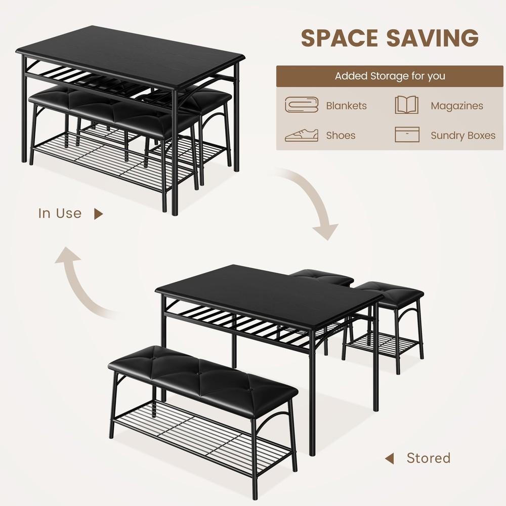 Dining Table Set for 4 Kitchen Table Set w/Upholstered Bench and Stools Storage