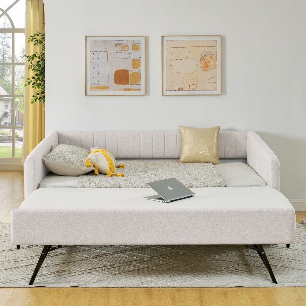 Full Daybed Modern Linen Upholstered Bed Frame Sofa Bed w/ Pull-Out Trundle
