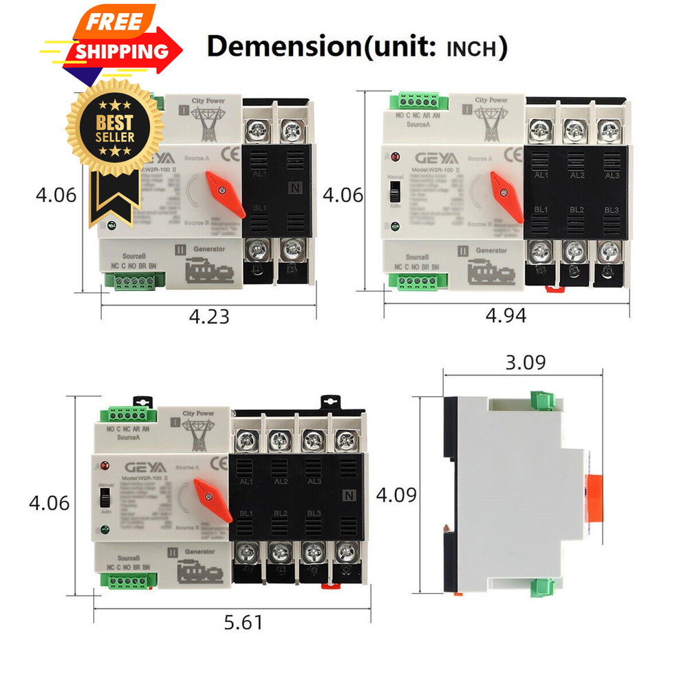 GAEYAELE Mini ATS Automatic Transfer Switch Dual Power 2P-100A-220V, Black