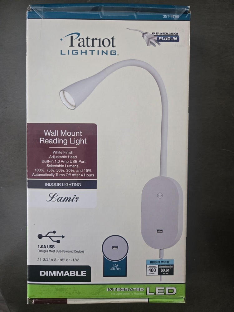 LED Wall Mount Reading Light for Bed, Reading Lamp with USB Output 5 Brightne...