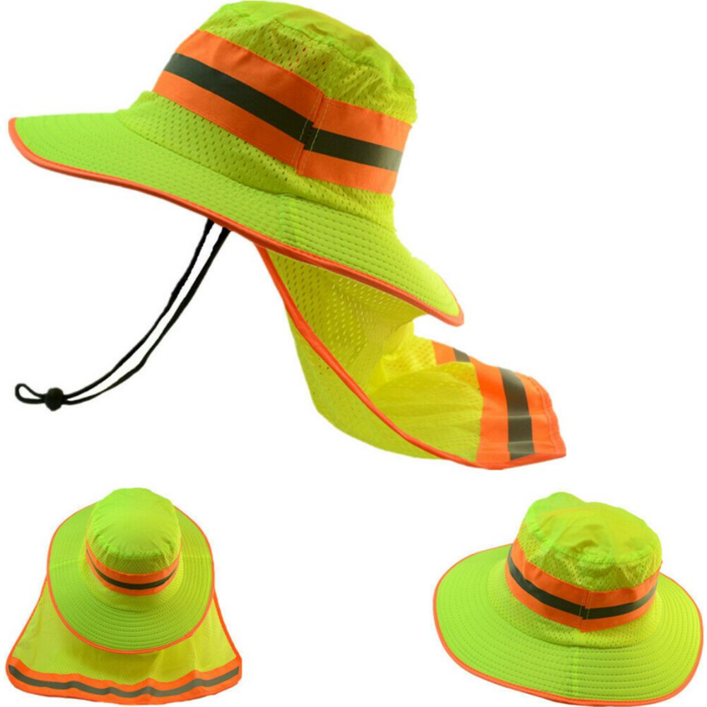 Construction Soft Hat Sun Shade Reflective Stripe Neck Shield Wide Brim Yellow