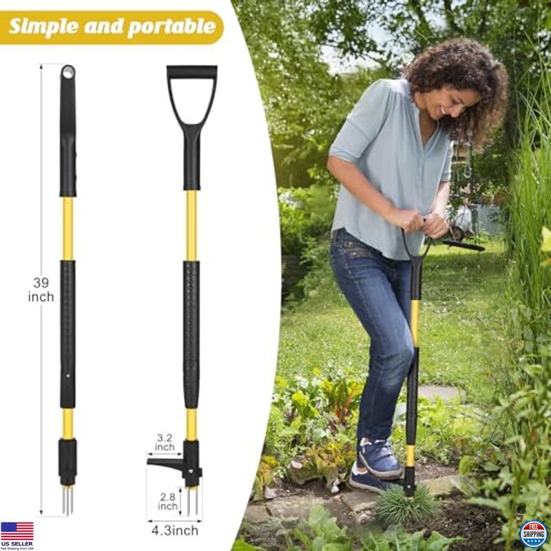 39" Heavy Duty Stand Up Weed Puller Tool - Ergonomic 3-Claw Weeder