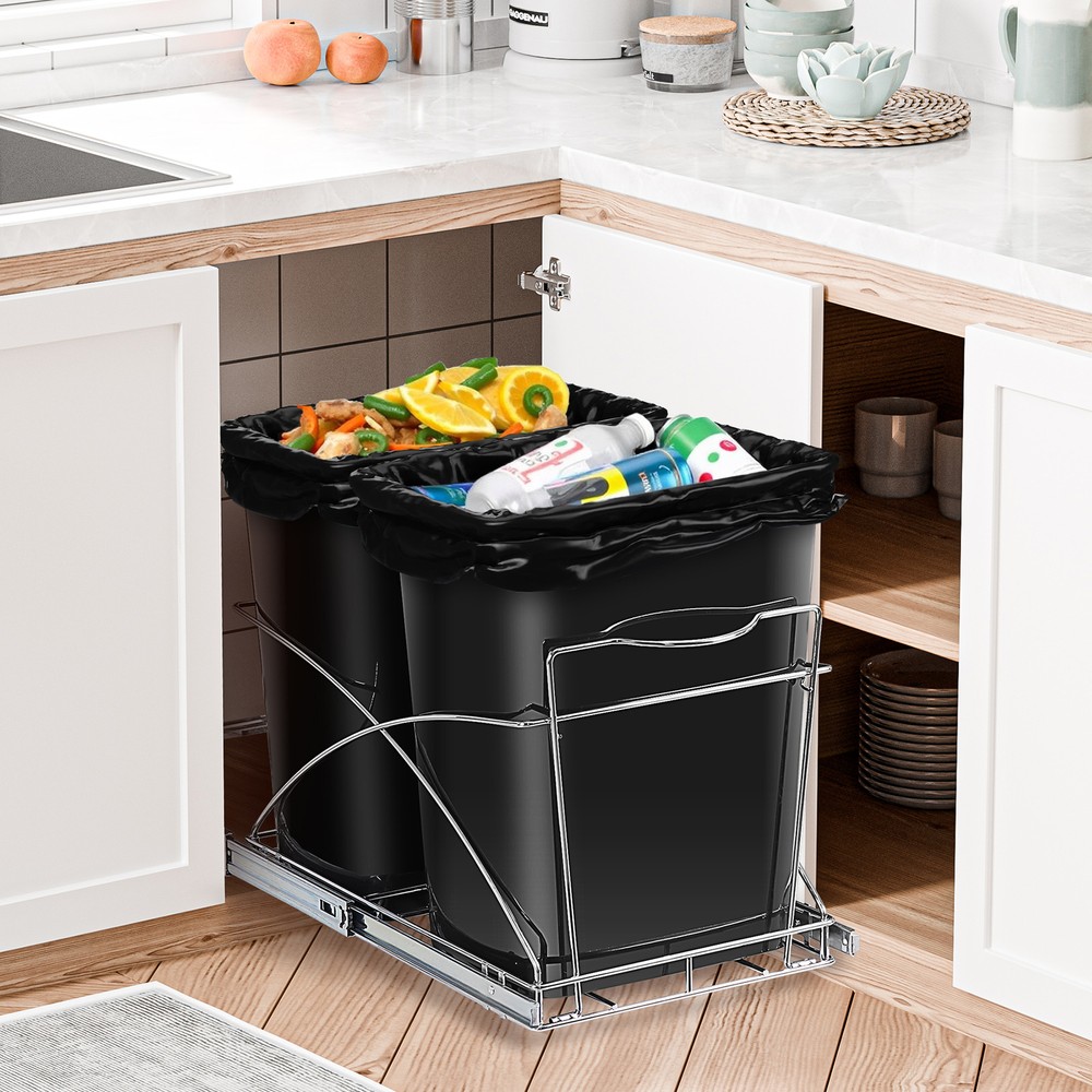 Set of 2 Pull Out Trash Garbage Can Sliding Kitchen Waste Container Durable