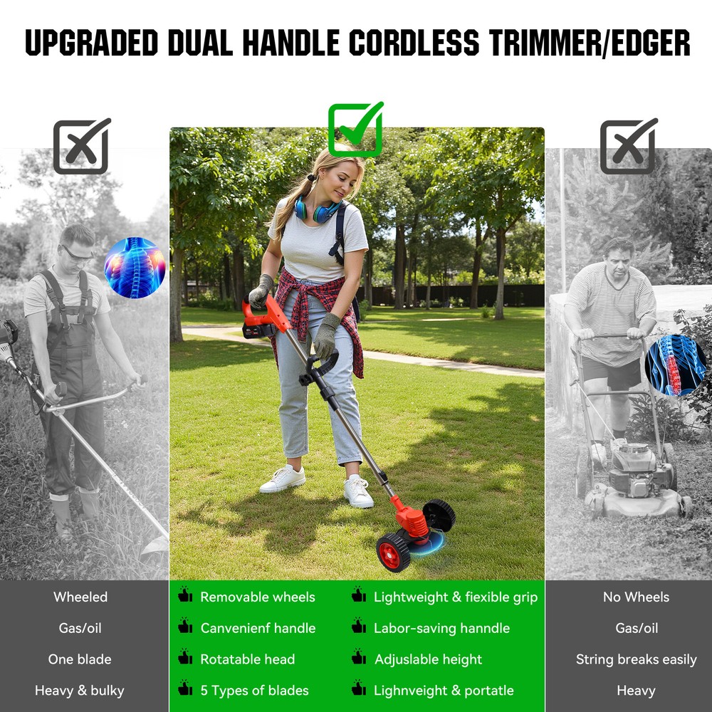 Electric Cordless Grass String Trimmer Lawn Edger Weed Wacker Cutter + 2 Battery
