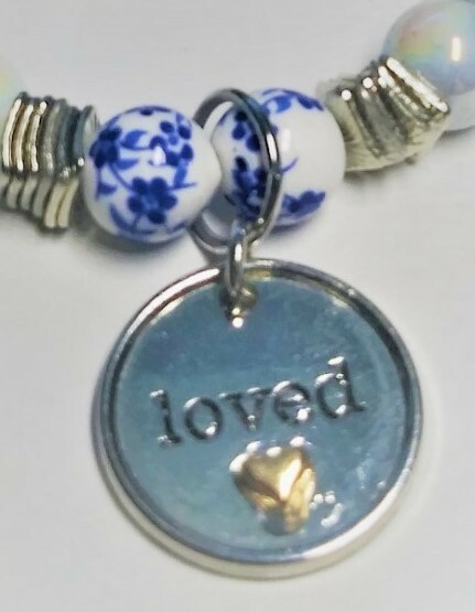 Blue Loved Charm Beaded Stretchy Bracelet