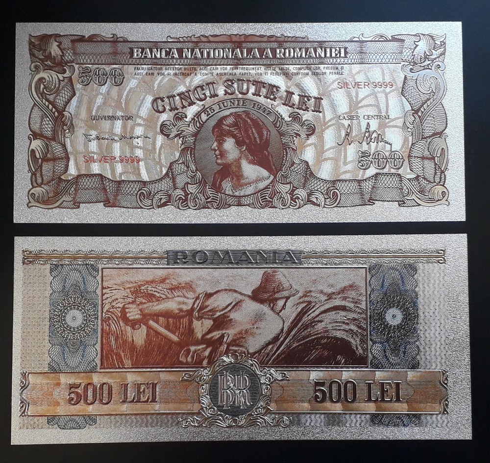 ROMANIA 500 LEI 1947 SILVER PLATED POLYMER BANKNOTE